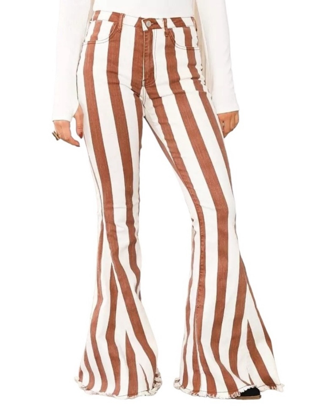 Saints & Hearts Brown White Stripe Super Flare Bell Bottoms Jeans M Festival